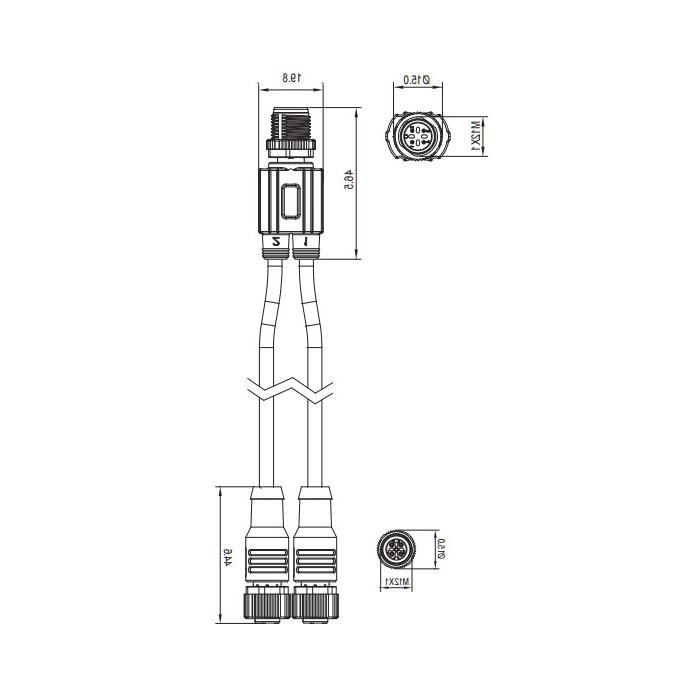 M12 4Pin公头/2M12 3Pin母头、Y型预铸PUR拖链电缆、黑色护套、64D401-XXX