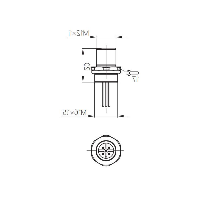 M12 5Pin、公头直型、法兰插座、板前安装、适用于PCB安装、64SA61P