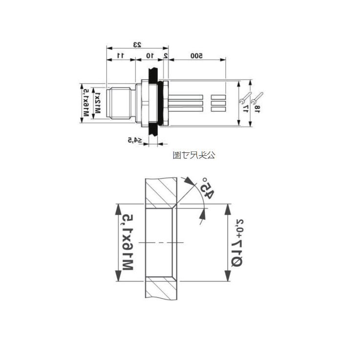 M12 5Pin、公头直型、法兰插座、板后安装、适用于PCB安装、64SC01P