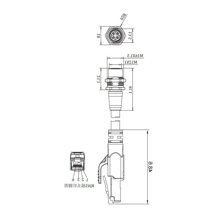 M12 4Pin D-coded 板面法兰母头转RJ45公头直型、双端预铸PVC非柔性电缆、带屏蔽、绿色护套、0C4221-XXX