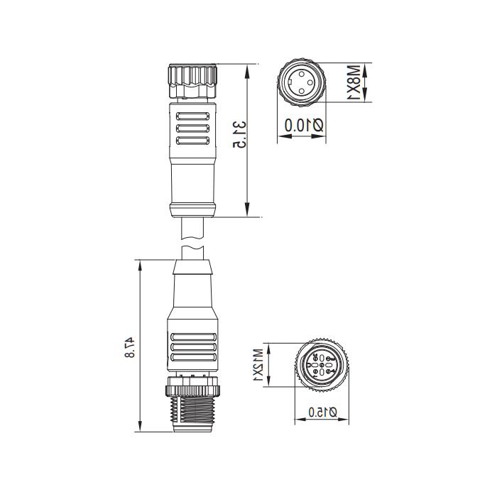 M8 3Pin 母头直型转M12  3Pin 公头直型、双端预铸PUR柔性电缆、橙色护套、63T201-XXX