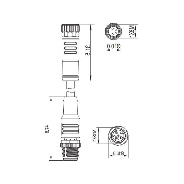 M8 4Pin 母头直型转M12 4Pin 公头直型、双端预铸PUR柔性电缆、橙色护套、63T261-XXX