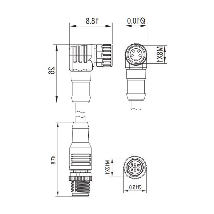 M8转M12 4Pin M8母头90°转M12公头直型、双端预铸PUR柔性电缆、橙色护套、63T281-XXX