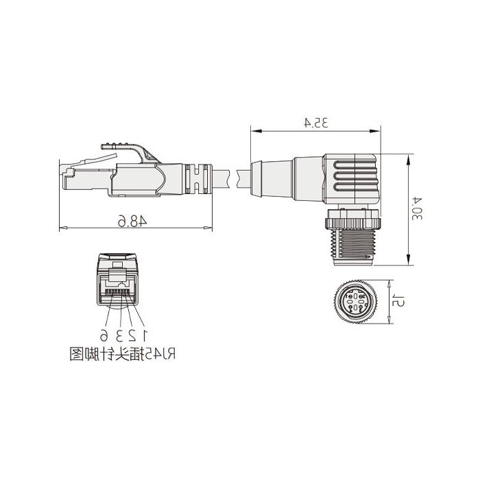 M12 4Pin D-coded 公头90°转RJ45公头直型、双端预铸PVC非柔性电缆、带屏蔽、绿色护套、0C4593-XXX